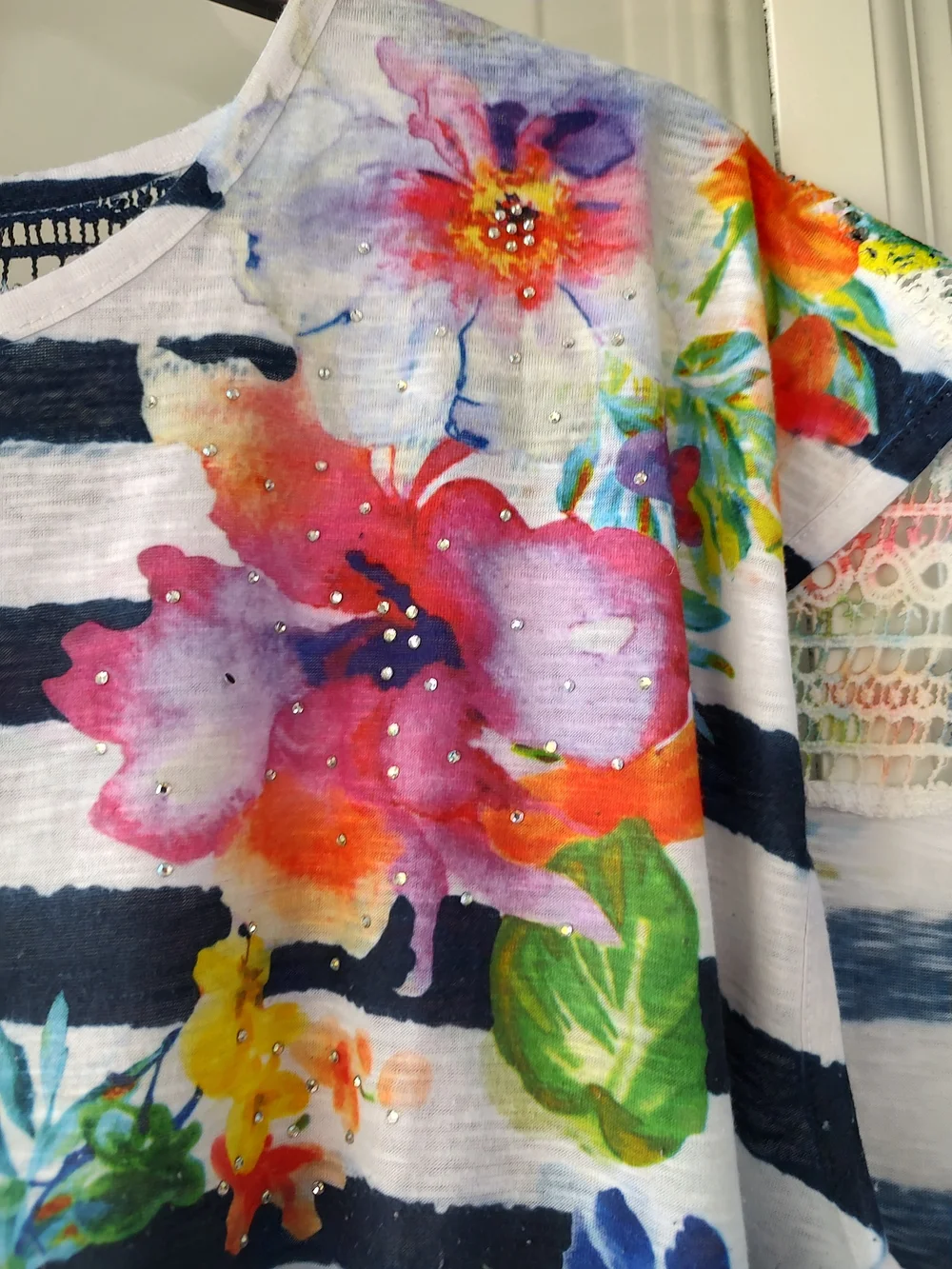 Striped Navy & White Floral Tie-Hem Top - Picture 4 of 7
